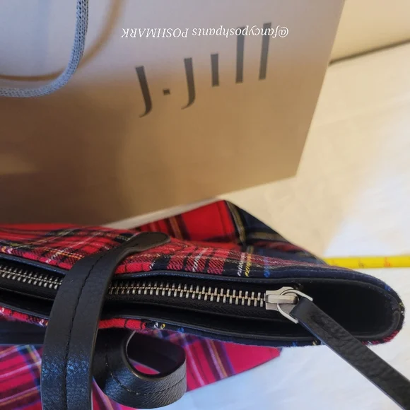 ❤J JILL real LEATHER trim 100% cotton plaid NWOTzipper, interior pocket tote bag - Picture 5 of 16